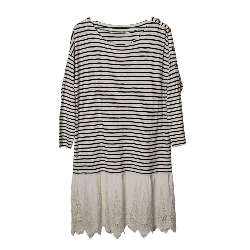 Soft Surroundings L Breton Striped Crochet Lace Hem Dress Nautical Buttons